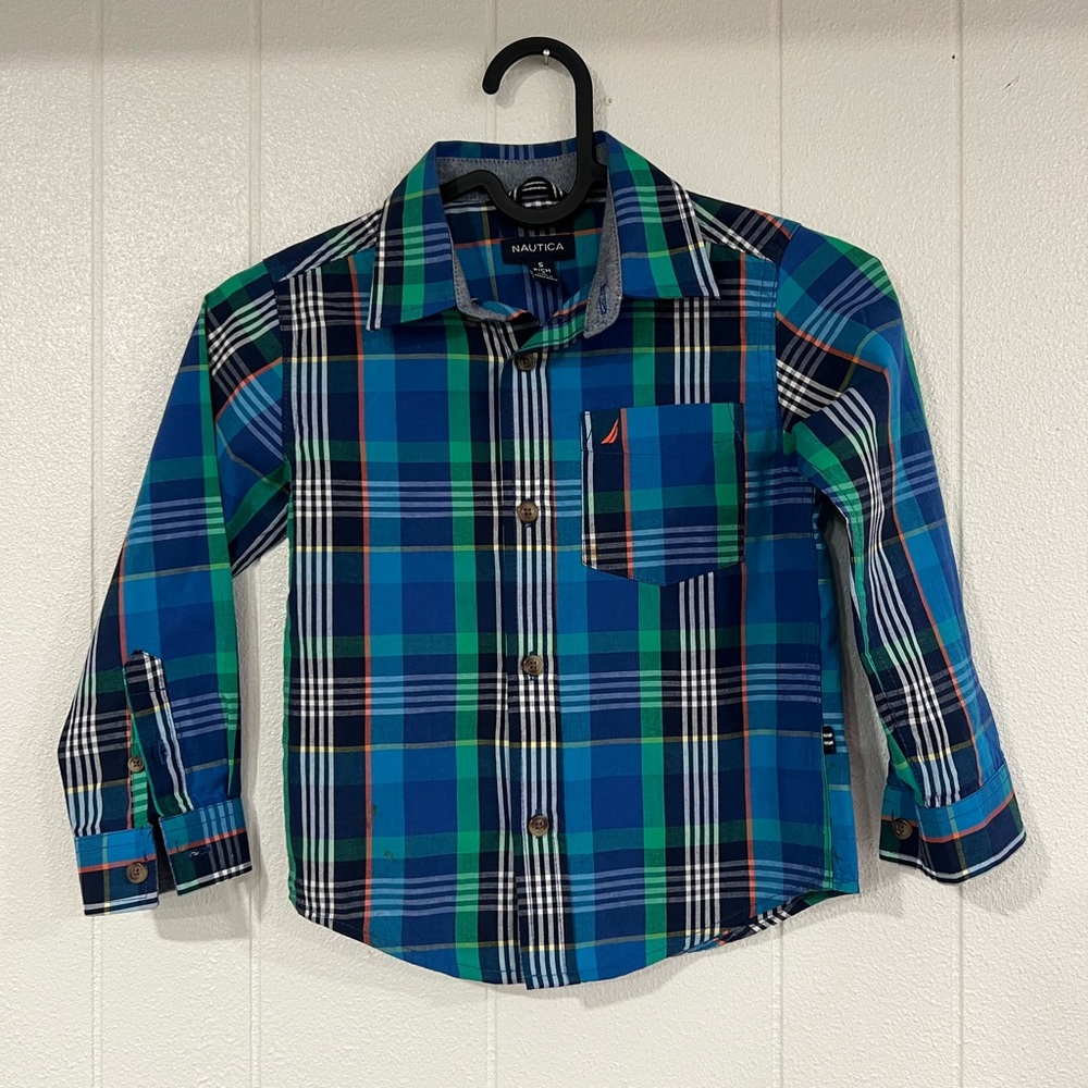 Nautica Boys Blue and Green Plaid Button-Down Shirt cotton